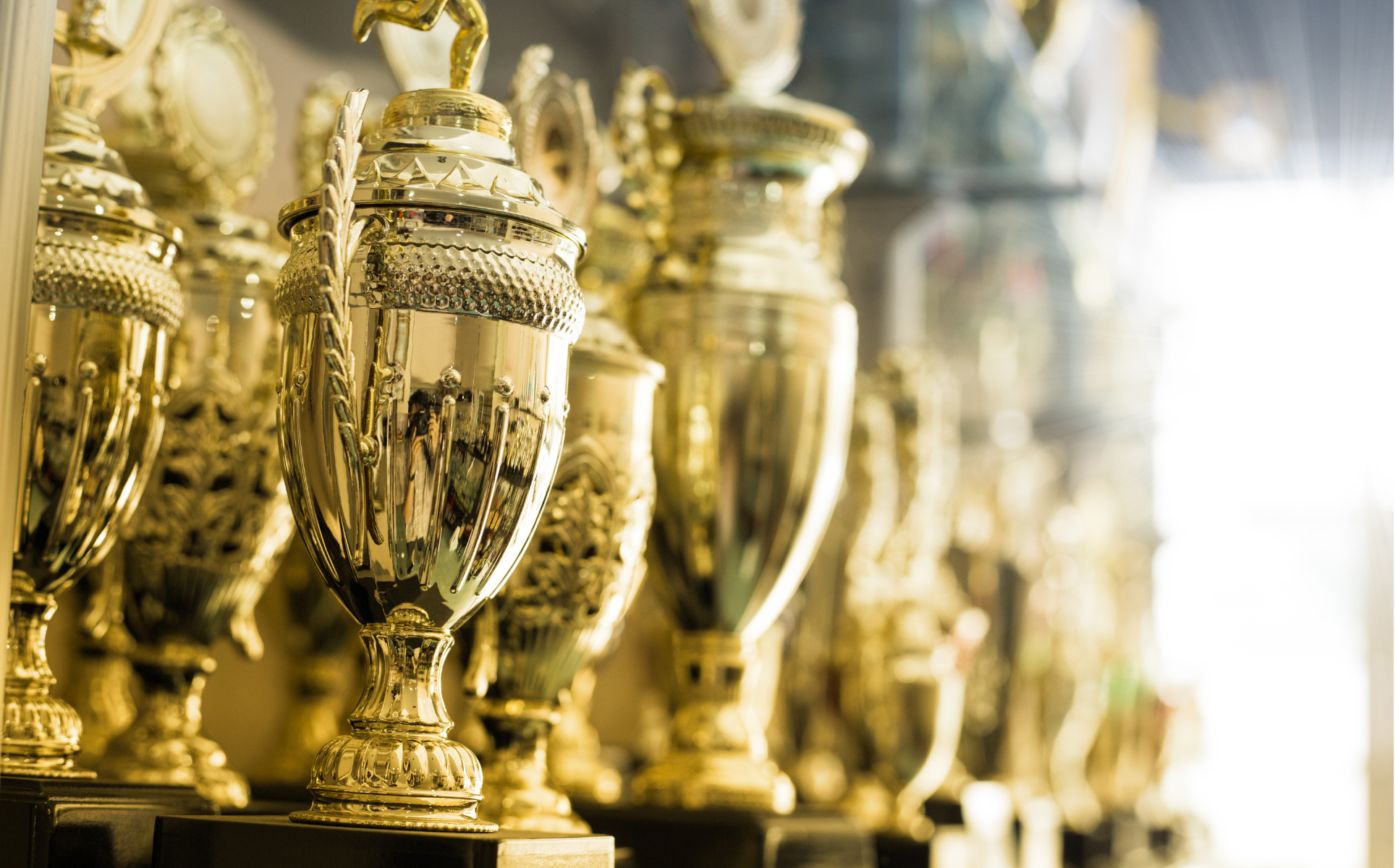 A close-up view of a row of golden trophies lined up on a shelf, glistening under bright light, symbolizing achievement and recognition.