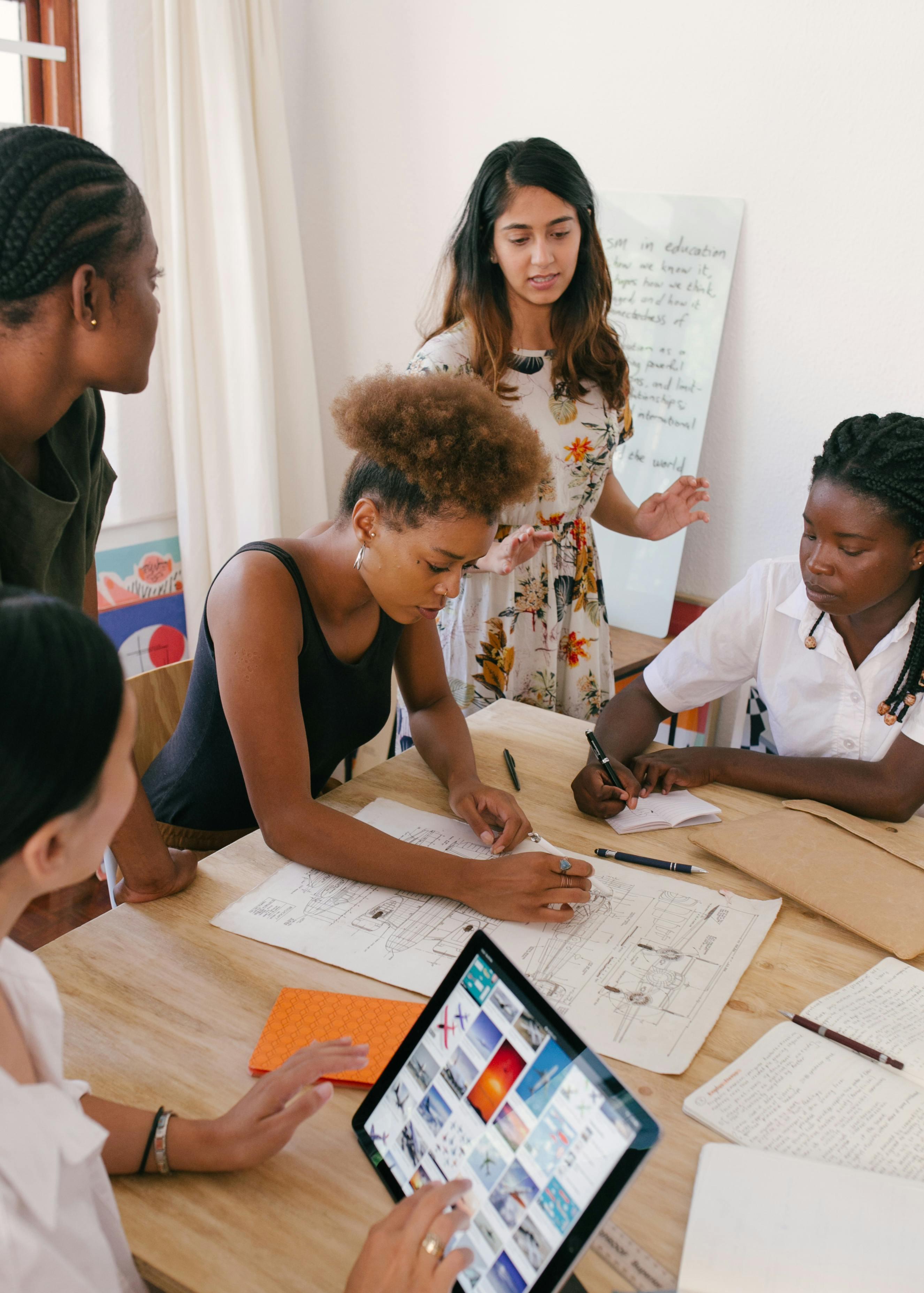 team working at desk on a group report