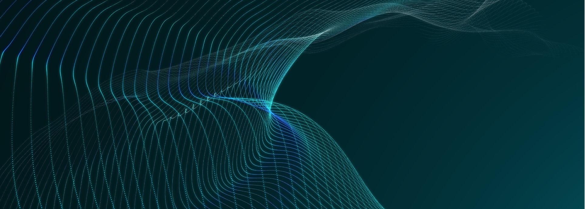 Abstract digital background with flowing lines and dots creating a wave-like pattern in shades of blue and teal on a dark gradient background.