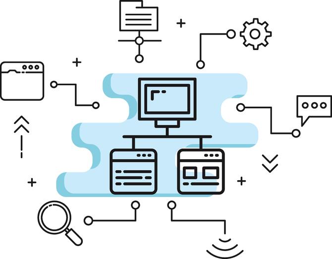 computer graphic with other elements representing SEO and domain authority