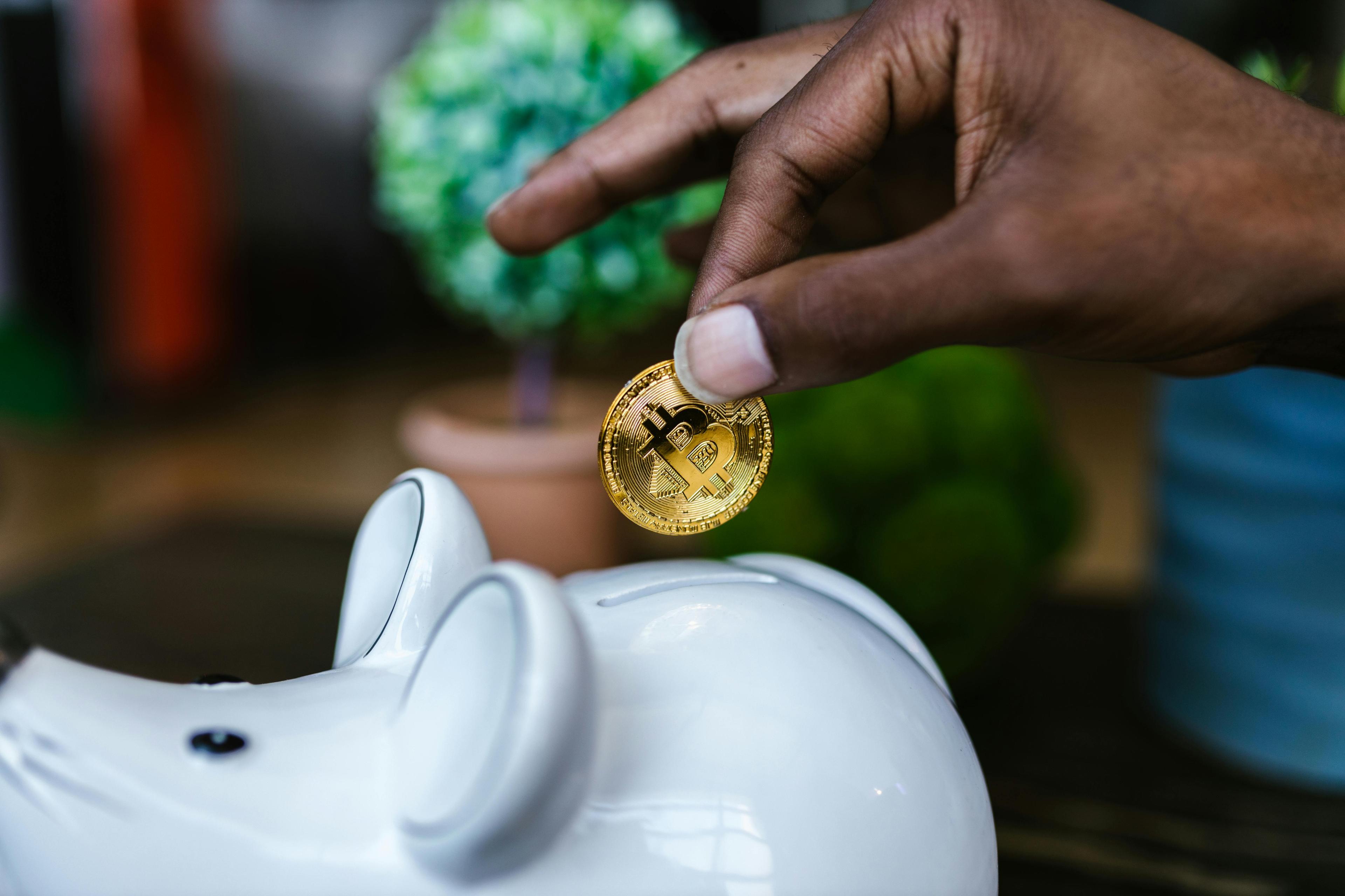 person putting a coin into a piggy bank