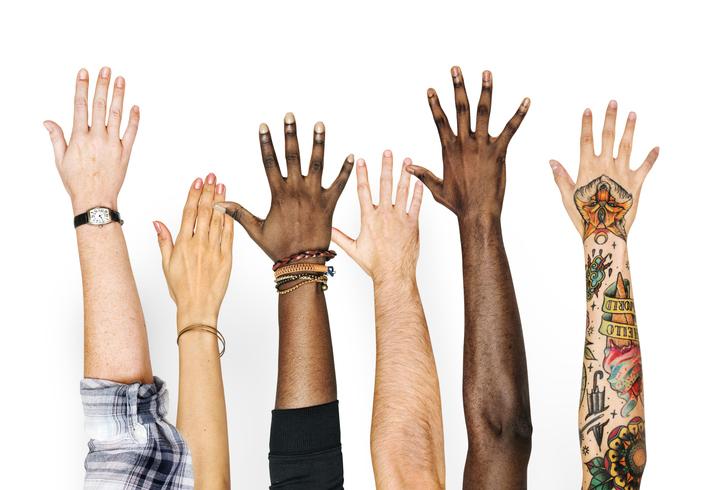 diverse group of raised hands